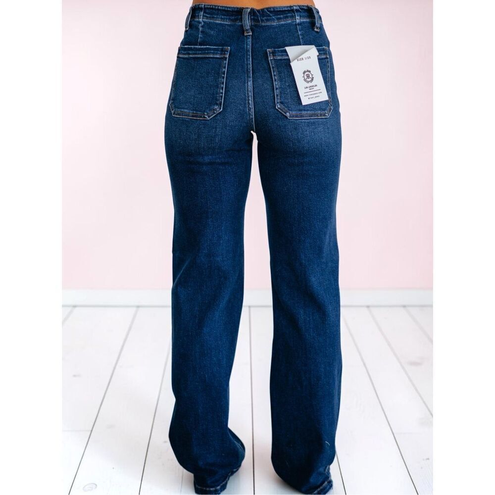 Risen High Rise Wide Leg Lace Up Jeans Dark Wash Tie Patch Pocket Stretch Denim - Picture 3 of 13